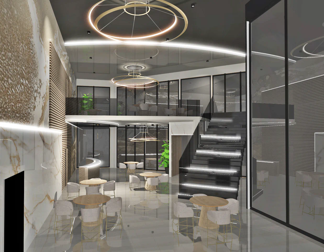 Nowoczesna restauracja Hotelu Korte w Białobrzegach, jasne wnętrza, designerskie oświetlenie i stoliki dla gości.