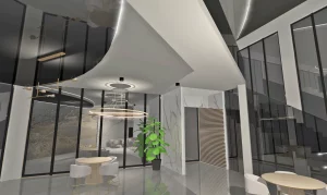 Stylowa restauracja Hotelu Korte z futurystycznym barem, designerskimi lampami i eleganckim klimatem.