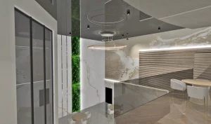 Antresola restauracji Hotelu Korte w Białobrzegach z eleganckimi stolikami, designerskim oświetleniem i nowoczesnym wystrojem.