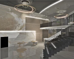 Wizualizacja restauracji w Hotelu Korte w Białobrzegach z eleganckim wystrojem i przestronną salą dla gości