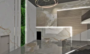 Designerska restauracja Hotelu Korte z zieloną ścianą, marmurowymi detalami i stolikami dla gości konferencyjnych.