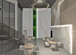 Przestronna restauracja hotelowa z jasnym wystrojem, nowoczesnym barem i miejscami dla gości.