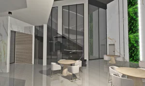 Eleganckie wnętrze restauracji Hotelu Korte z futurystycznym sufitem, stolikami i dużą przestrzenią dla gości.