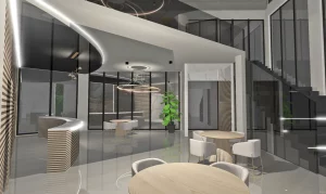 Designerska restauracja Hotelu Korte z nowoczesnym oświetleniem i eleganckim wystrojem wnętrz.