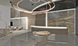 Przestrzeń restauracyjna Hotelu Korte w Białobrzegach z eleganckimi stołami, nowoczesnym barem i wystrojem premium.