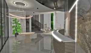 Ekskluzywna restauracja Hotelu Korte z designerskimi lampami, marmurowymi detalami i eleganckim klimatem.